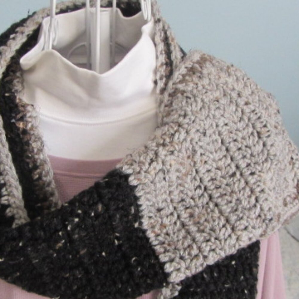New Handcrafted crochet scarf shades black brown gray acrylic washable $25
